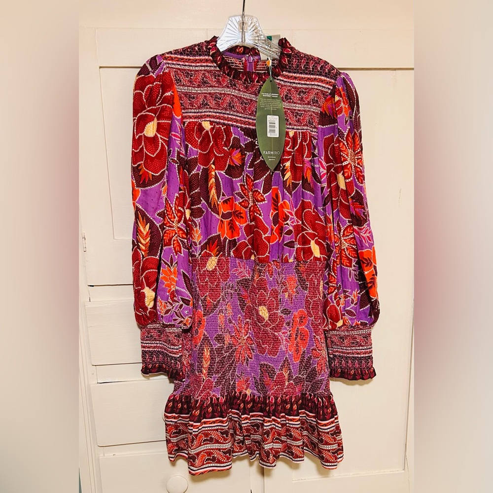 FARM Rio Purple Multi Floral Smocked Midi Dress